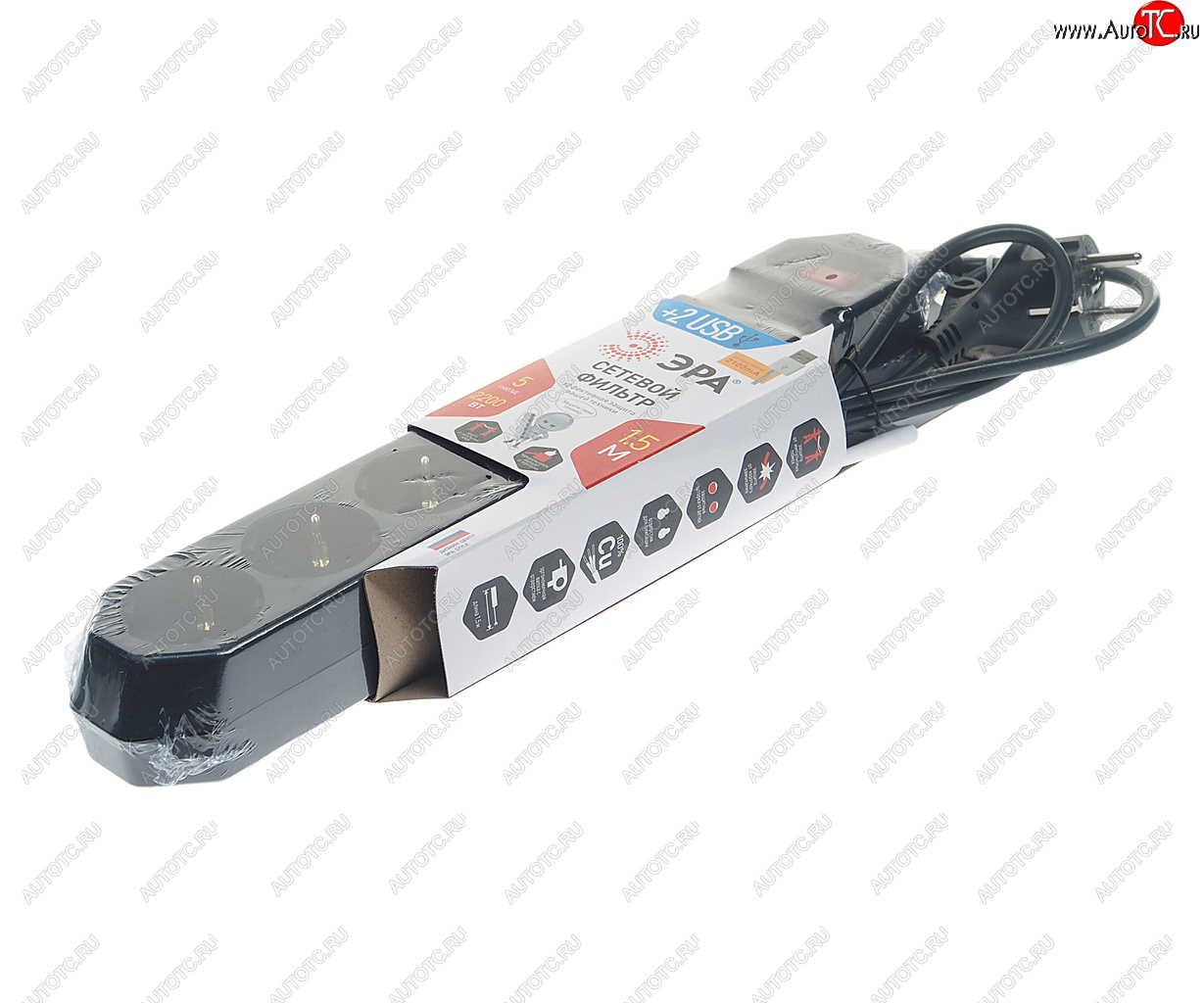 999 р. Фильтр сетевой 1.5м 10А 2200Вт 5 гнезд + 2 USB с заземлением черный ЭРА ЭРА usf-5es-1.5m-usb-b  с доставкой в г. Керчь
