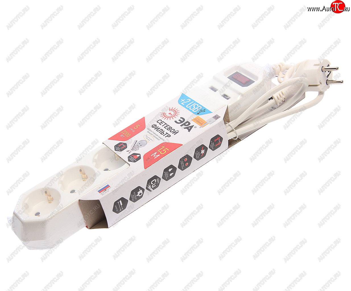 999 р. Фильтр сетевой 1.5м 10А 2200Вт 5 гнезд + 2 USB с заземлением белый ЭРА ЭРА usf-5es-1.5m-usb-w  с доставкой в г. Керчь