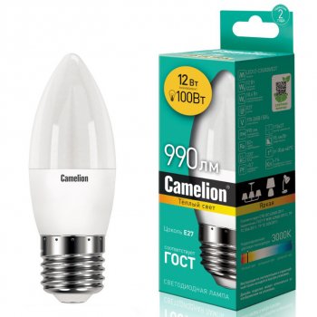 145 р. Лампа светодиодная E27 C35 12W (100W) 220V теплый CAMELION CAMELION c-led12-c35830e27 CAMELION c-led12-c35830e27  с доставкой в г. Керчь. Увеличить фотографию 1