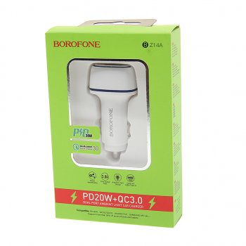 499 р. Устройство зарядное в прикуриватель 1USB + 1 Type C 12V белое BOROFONE BOROFONE bz14a white  с доставкой в г. Керчь. Увеличить фотографию 1