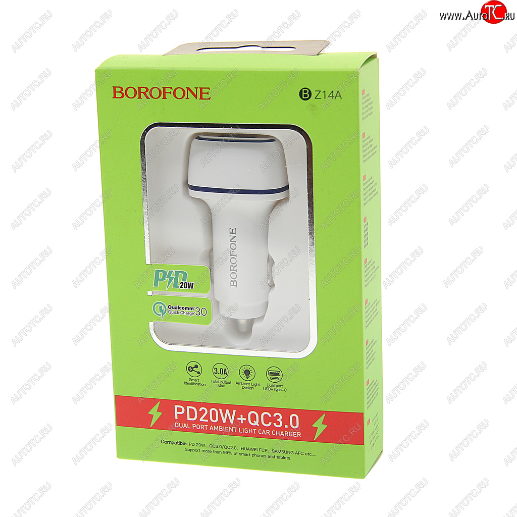 499 р. Устройство зарядное в прикуриватель 1USB + 1 Type C 12V белое BOROFONE BOROFONE bz14a white  с доставкой в г. Керчь