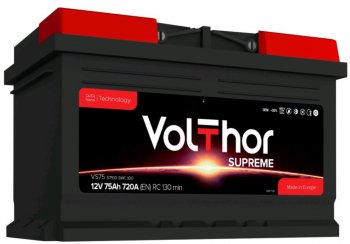 12 699 р. Аккумулятор VOLTHOR Supreme 75Ач обратная полярность,низкий VOLTHOR 6ст75(0) 57510  с доставкой в г. Керчь. Увеличить фотографию 1