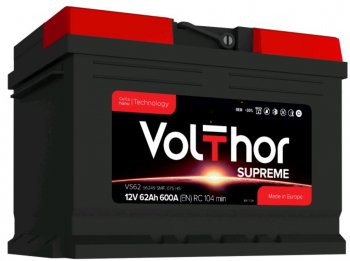 9 999 р. Аккумулятор VOLTHOR Supreme 62Ач обратная полярность,низкий VOLTHOR 6ст62(0) 56249  с доставкой в г. Керчь. Увеличить фотографию 1