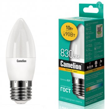154 р. Лампа светодиодная E27 С35 10W (90W) 220V теплый Ultra CAMELION CAMELION led10-c35830e2  с доставкой в г. Керчь. Увеличить фотографию 1