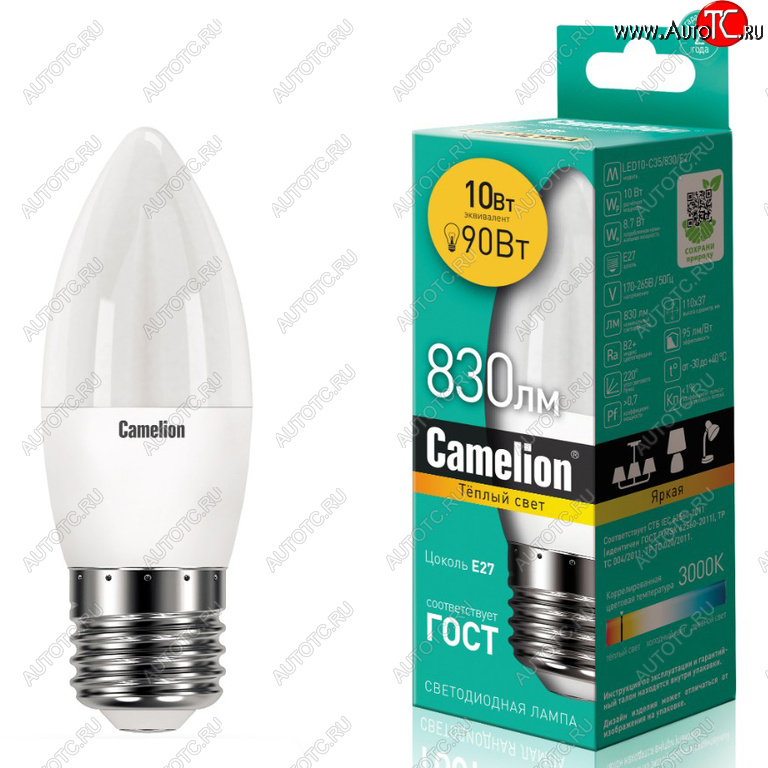 154 р. Лампа светодиодная E27 С35 10W (90W) 220V теплый Ultra CAMELION CAMELION led10-c35830e2  с доставкой в г. Керчь