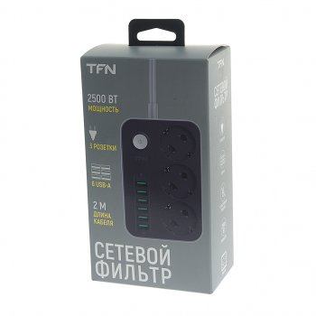 1 569 р. Фильтр сетевой 2м 10А 2500Вт 3 гнезда+ 6 USB с заземлением черный TFN TFN tfn-power7bk  с доставкой в г. Керчь. Увеличить фотографию 4