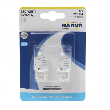 1 289 р. Лампа светодиодная 12V W21W 1.75W W3x16d 6500K блистер (2шт.) White Range Perfomance LED NARVA NARVA 180994000  с доставкой в г. Керчь. Увеличить фотографию 1