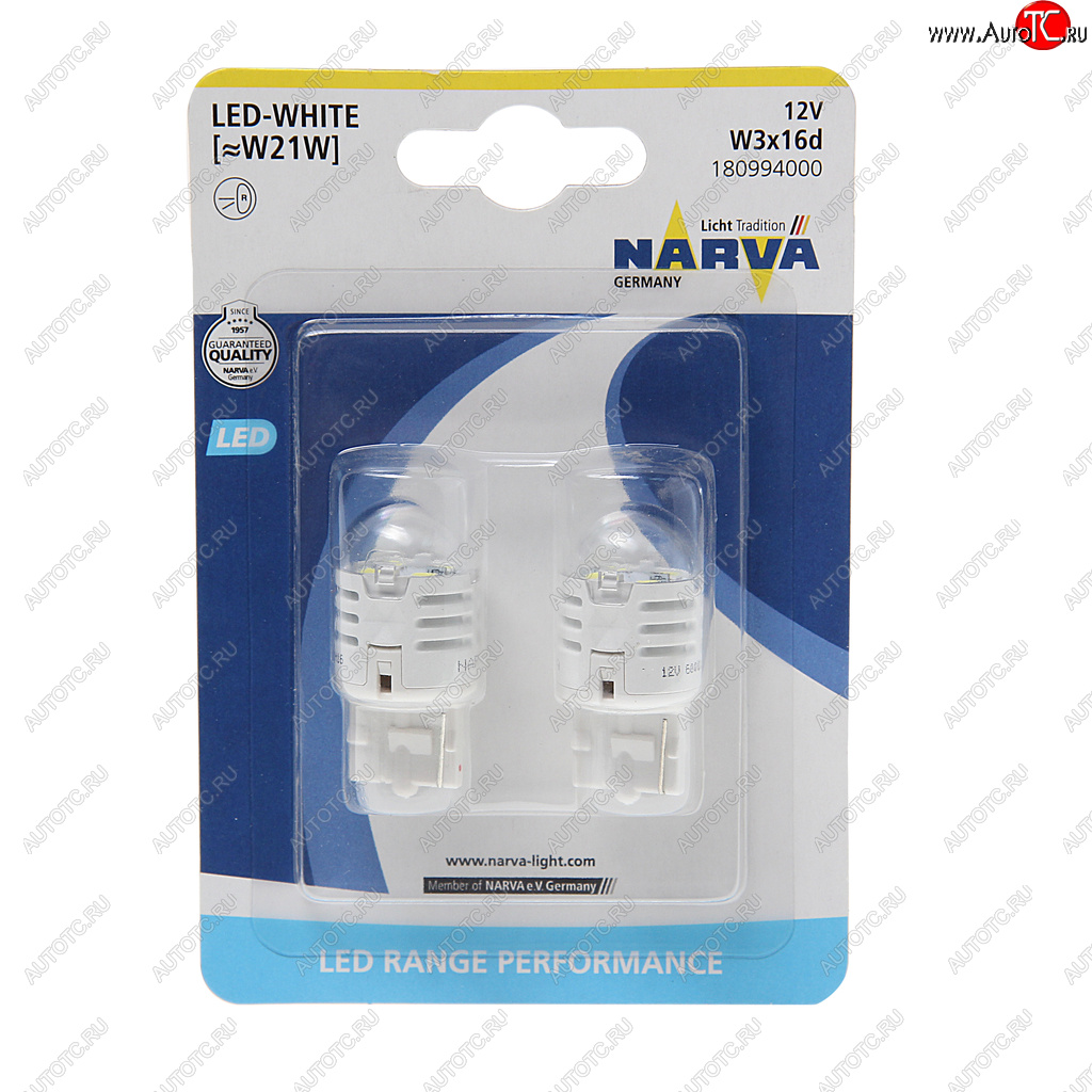1 289 р. Лампа светодиодная 12V W21W 1.75W W3x16d 6500K блистер (2шт.) White Range Perfomance LED NARVA NARVA 180994000  с доставкой в г. Керчь