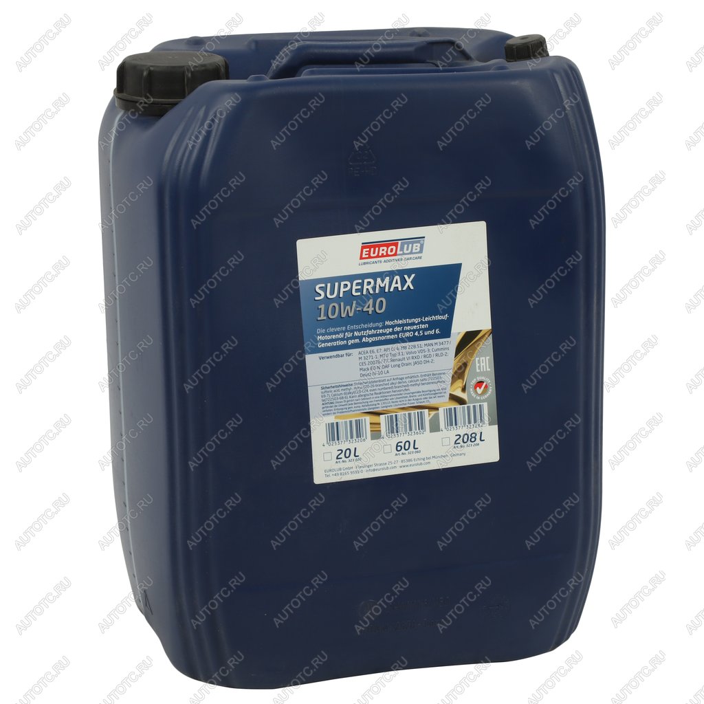 20 999 р. Масло дизельное SUPERMAX CI-4E7 10W40 синт.20л EUROLUB EUROLUB 323020  с доставкой в г. Керчь