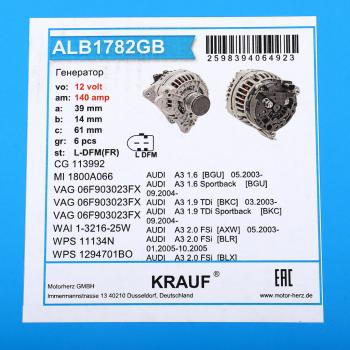 17 949 р. Генератор AUDI A1 (96-03) SKODA Octavia (97-10) 14В 140А KRAUF KRAUF alb1782gb  с доставкой в г. Керчь. Увеличить фотографию 4