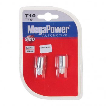 62 р. Лампа светодиодная 12V W5W T10 W2.1x9.5d 6000K блистер (2шт.) MEGAPOWER MEGAPOWER-AUTOMOTIVE 10101w-2бл  с доставкой в г. Керчь. Увеличить фотографию 1