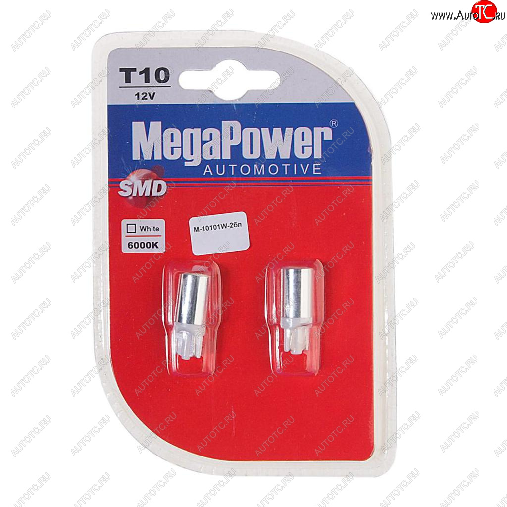 62 р. Лампа светодиодная 12V W5W T10 W2.1x9.5d 6000K блистер (2шт.) MEGAPOWER MEGAPOWER-AUTOMOTIVE 10101w-2бл  с доставкой в г. Керчь