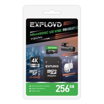 3 299 р. Карта памяти 256GB MicroSD class 10 + SD адаптер EXPLOYD EXPLOYD ex256gcsdxc10-u3-v30  с доставкой в г. Керчь. Увеличить фотографию 1