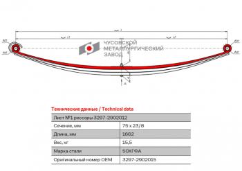 10 999 р. Лист рессоры КАМАЗ-3297 передней №1 L=1662мм ЧМЗ ЧМЗ 3297-2902015  с доставкой в г. Керчь. Увеличить фотографию 1