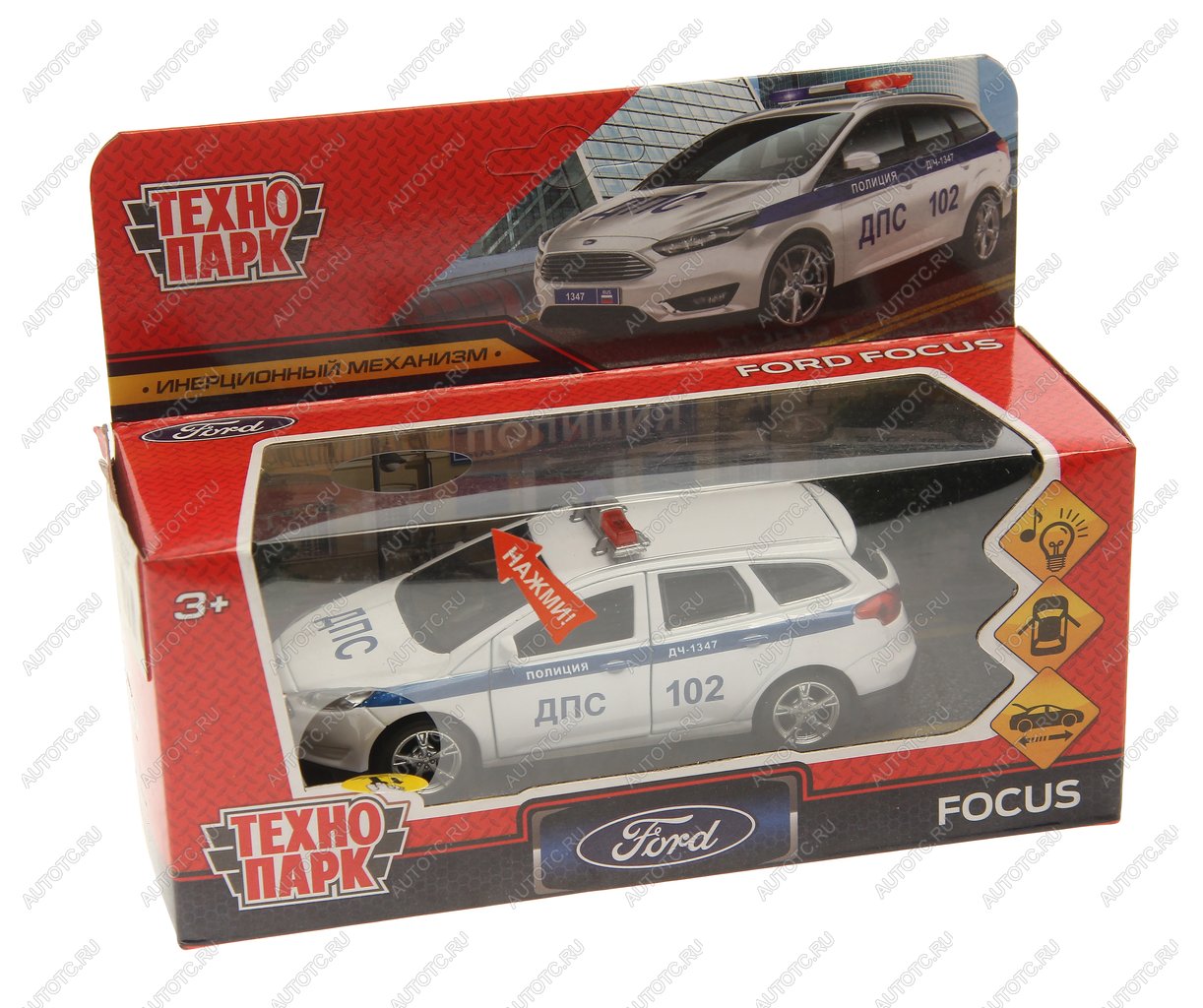 1 559 р. Модель автомобиля FORD Focus металлическая (свет, звук) ТЕХНОПАРК ТЕХНОПАРК focus-12slpol-wh  с доставкой в г. Керчь