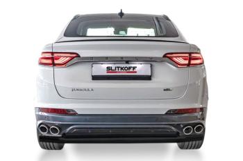Защита заднего бампера d57+d42 двойная Slitkoff Geely Tugella  FY11,HPBA4 (2022-2025) рестайлинг (Сталь с полимерным покрытием в цвет черный)