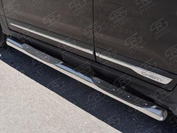 Пороги труба с накладкой SLITKOFF Chery Tiggo 5  (T21) (2014-2017) дорестайлинг (нержавейка, торцы - срез под 45 градусов)