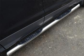 Пороги труба с накладками (d76) SLITKOFF Land Rover Freelander  L359 (2006-2012) дорестайлинг, 1-ый рестайлинг (нержавейка, на торцах округлая напайка под 90 градусов)