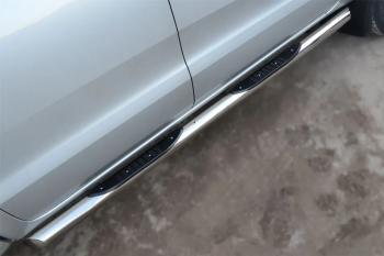 Пороги труба с накладками (d76) SLITKOFF Land Rover Freelander  L359 (2006-2012) дорестайлинг, 1-ый рестайлинг (нержавейка, торцы - срез под 45 градусов)