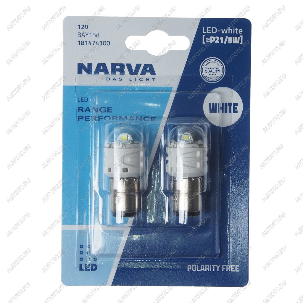 1 069 р. Лампа светодиодная 12V P21/5W BAY15d блистер (2шт.) LED NARVA NARVA 18147-2бл NARVA 18147-2бл  с доставкой в г. Керчь