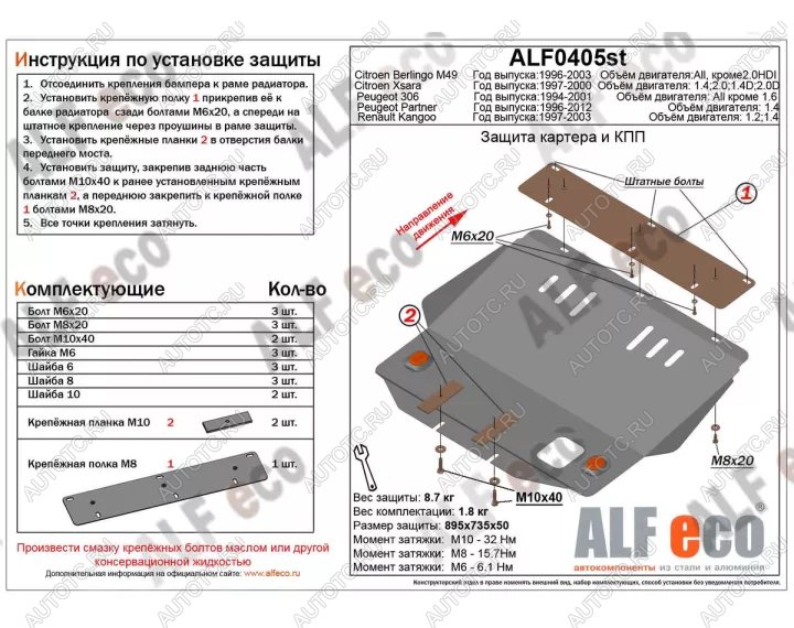 10 299 р. Защита картера и кпп V-1.2 1.4 ALFECO Renault Kangoo KC 1- дорестайлинг (1997-2003) (алюминий 4 мм)  с доставкой в г. Керчь