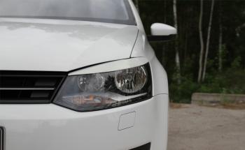 Накладки на передние фары (реснички) Русская Артель Volkswagen Polo  5 (2009-2015) седан дорестайлинг, хэтчбек дорестайлинг (глянец под покраску)