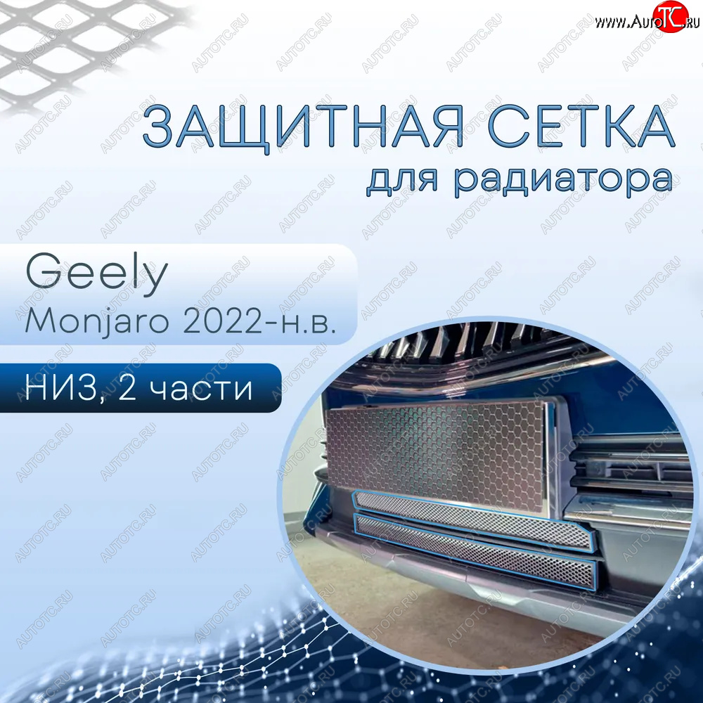 3 299 р. Защитная сетка в бампер (низ, 2 части, ячейка 3х7 мм) Alfeco Стандарт  Geely Monjaro (2022-2025) (Хром)  с доставкой в г. Керчь