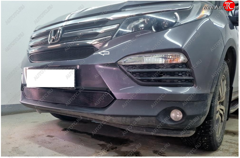 2 169 р. Защитная сетка в бампер (верх, ячейка 3х7 мм) Alfeco Стандарт Honda Pilot YF6 дорестайлинг (2016-2019) (Чёрная)  с доставкой в г. Керчь
