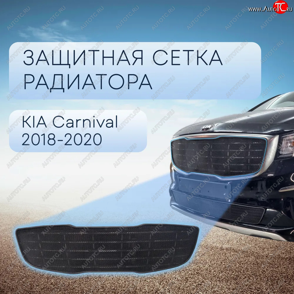 3 999 р. Защитная сетка в бампер (верх, ячейка 3х7 мм) Alfeco Стандарт  KIA Carnival  YP (2018-2020) минивэн рестайлинг (Чёрная)  с доставкой в г. Керчь