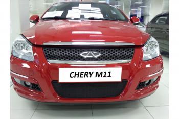 759 р. Зимняя заглушка решетки радиатор (низ с парктроником) Стрелка11  Chery M11  A3 (2008-2017) хэтчбэк, седан (черная)  с доставкой в г. Керчь. Увеличить фотографию 3