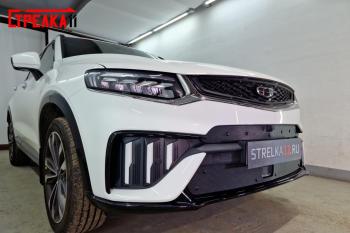 759 р. Зимняя заглушка решетки радиатора (верх с камерой) Стрелка11 Geely Tugella FY11,HPBA4 дорестайлинг (2019-2023) (черная)  с доставкой в г. Керчь. Увеличить фотографию 3