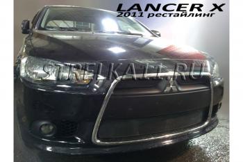 759 р. Зимняя заглушка решетки радиатора (верх) Стрелка11 Mitsubishi Lancer 10 CY седан рестайлинг (2011-2017) (черная)  с доставкой в г. Керчь. Увеличить фотографию 2
