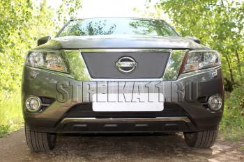 Зимняя заглушка решетки радиатора (низ) Стрелка11 Nissan Pathfinder  R52 (2012-2017) дорестайлинг (черная)