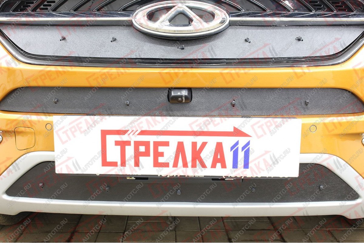 849 р. Зимняя защита на стяжке (середина с камерой) Стрелка11  Chery Tiggo 7 (2016-2020) (черная)  с доставкой в г. Керчь