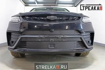 Зимняя защита на стяжке (верх с камерой) Стрелка11 Geely Tugella  FY11,HPBA4 (2019-2023) дорестайлинг (черная)