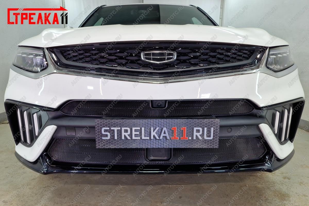 3 199 р. Защита радиатора (низ, с датчиками) Стандарт Geely Tugella FY11,HPBA4 рестайлинг (2022-2025) (черная)  с доставкой в г. Керчь