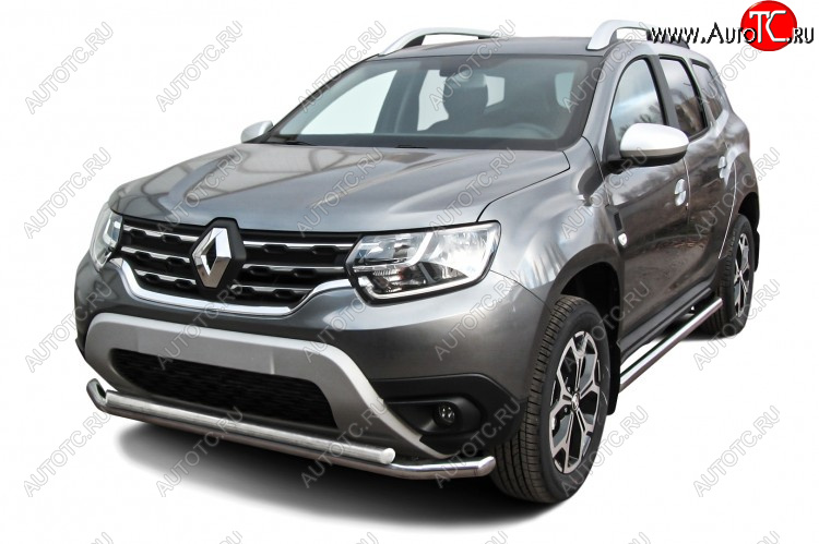 12 599 р. Защита переднего бампера Slitkoff (Ø57 и 42 мм).  Renault Duster  HM (2021-2024) рестайлинг (Полированная нержавейка)  с доставкой в г. Керчь