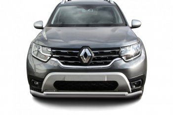 Защита переднего бампера Slitkoff (Ø57 и 42 мм). Renault Duster  HM (2021-2024) рестайлинг (Сталь окрашенная, цвет серебристый)