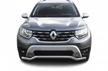Защита переднего бампера Slitkoff (Ø57 мм). Renault Duster  HM (2021-2024) рестайлинг (Сталь окрашенная, цвет серебристый)