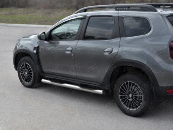 Защита порогов (Ø76 мм, с проступью) SLITKOFF Renault Duster  HM (2021-2024) рестайлинг (с пластиковыми заглушками на торцах, полированная нержавейка)