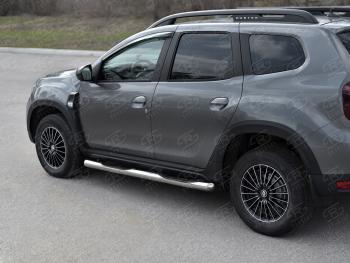 Защита порогов (Ø76 мм, с проступью) SLITKOFF Renault Duster  HM (2021-2024) рестайлинг (срез на торцах круглый 90°, полированная нержавейка)