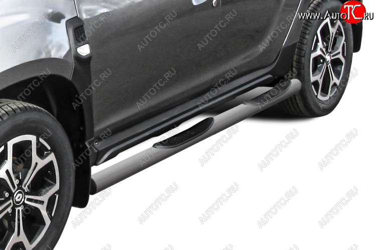 12 399 р. Защита порогов Slitkoff (Ø76 мм, с проступями)  Renault Duster  HM (2021-2024) рестайлинг (Сталь окрашенная, цвет серебристый)  с доставкой в г. Керчь