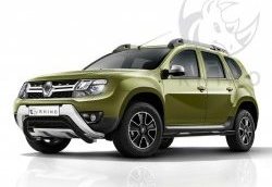 Защита переднего бампера (Ø63 мм волна, с полимерным покрытием) SLITKOFF Renault Duster  HS (2015-2021) рестайлинг (черный муар)