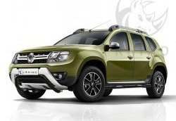 Защита порогов с пластиковыми вставками для ног из круглой трубы диаметром 76 мм SLITKOFF Renault Duster  HS (2015-2021) рестайлинг (Сталь с полимерным покрытием. Цвет: чёрный )