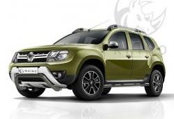 Защита порогов с пластиковыми вставками для ног из круглой трубы диаметром 76 мм SLITKOFF Renault Duster  HS (2015-2021) рестайлинг (Сталь с полимерным покрытием. Цвет: серебристый)