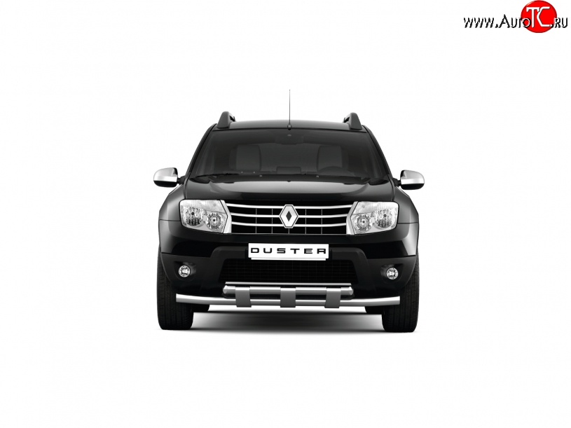 27 199 р. Защита переднего бампера PT GROUP двойная с пластинами Ø63/63мм (НПС) RENAULT Duster 2016- Renault Duster HS рестайлинг (2015-2021) (Нержавеющая полированная сталь)  с доставкой в г. Керчь