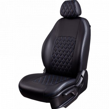 Чехлы для сидений Stepway Lord Autofashion Турин Ромб (экокожа, спинка 60/40, 2 П- и 1 Г-образных подголовника) Renault Sandero  (B8) (2018-2025) рестайлинг (Черный, вставка черная, строчка синяя)