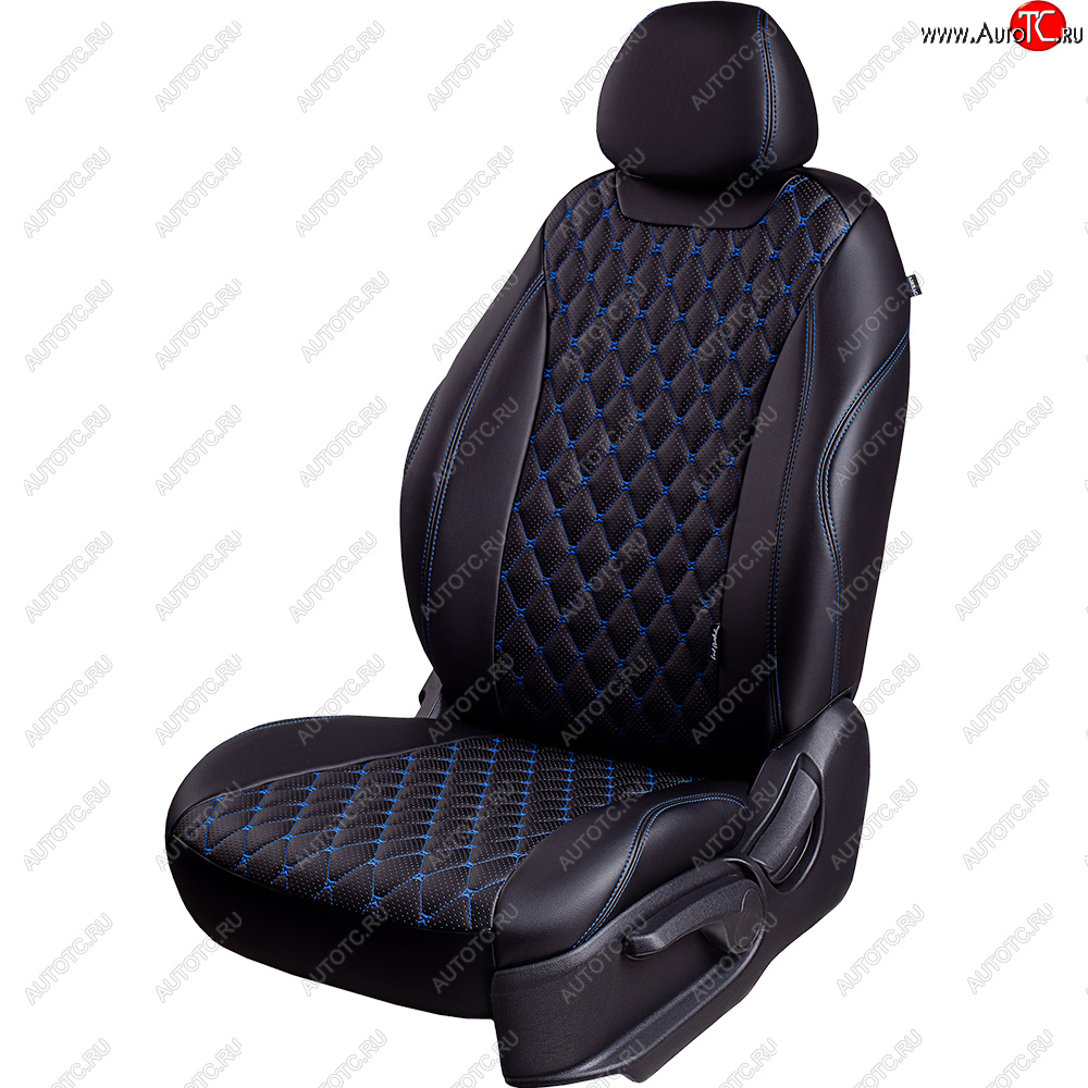 12 399 р. Чехлы для сидений Lord Autofashion Байрон (экокожа, 60/40, 2 П- и 1 Г-образных подголовника)  Renault Sandero  (B8) (2014-2025) дорестайлинг, рестайлинг (Черный, вставка черная, строчка синяя)  с доставкой в г. Керчь