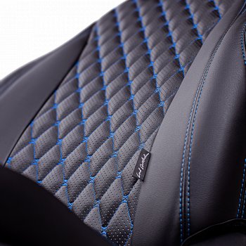 12 399 р. Чехлы для сидений Lord Autofashion Байрон (экокожа, 60/40, 2 П- и 1 Г-образных подголовника)  Renault Sandero  (B8) (2014-2025) дорестайлинг, рестайлинг (Черный, вставка черная, строчка синяя)  с доставкой в г. Керчь. Увеличить фотографию 5