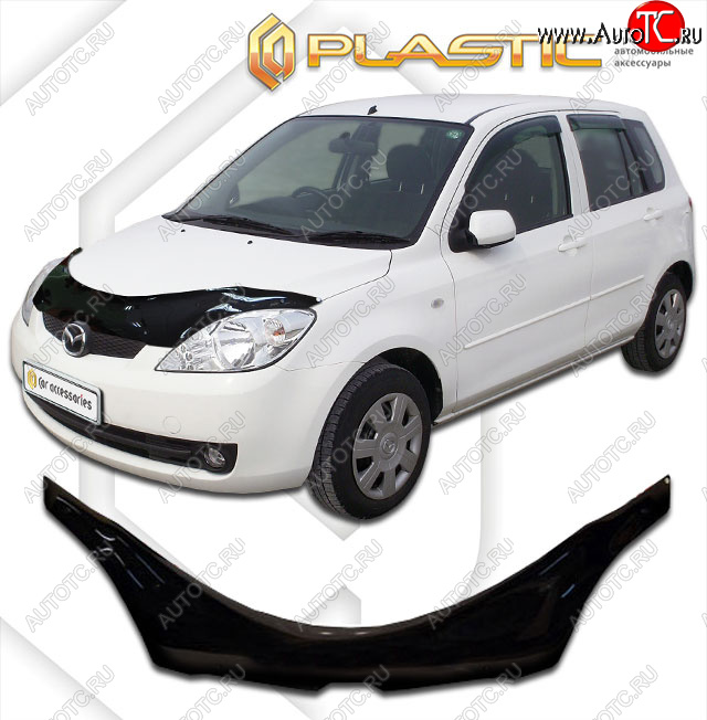 2 599 р. Дефлектор капота (exclusive) CA-Plastic  Mazda Demio  2 DY (2005-2007) рестайлинг (Classic чёрный, Без надписи)  с доставкой в г. Керчь